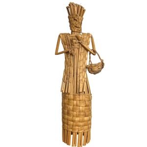 Raffia Woven Basket Lady Figure Folk Art Rustic Statue Basket Handcrafted 17.5"T